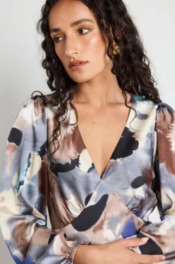 Among the Brave Phoenix Navy Multi Watercolour Satin Balloon Sleeve Midi Dress