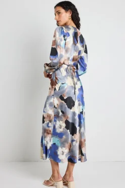 Among the Brave Phoenix Navy Multi Watercolour Satin Balloon Sleeve Midi Dress