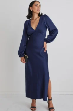 Among the Brave Phoenix Navy Satin Balloon Sleeve Bias Midi Dress