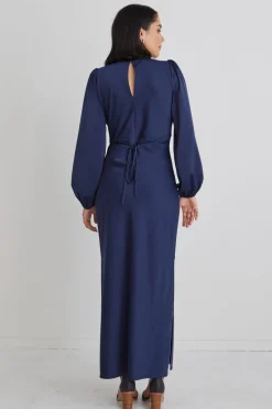 Among the Brave Phoenix Navy Satin Balloon Sleeve Bias Midi Dress