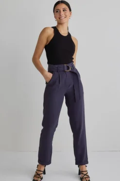Among the Brave Pierre Navy Soft Viscose Tapered Leg Belted Pant