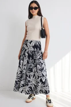 Among the Brave Pisces Black Leaf Tiered Maxi Skirt