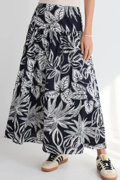Among the Brave Pisces Black Leaf Tiered Maxi Skirt