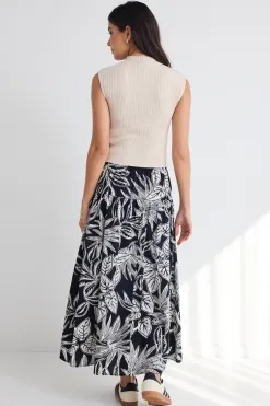 Among the Brave Pisces Black Leaf Tiered Maxi Skirt
