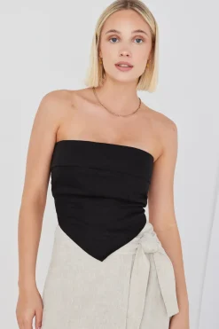 RE:UNION Label Pocket Black Linen Strapless Top
