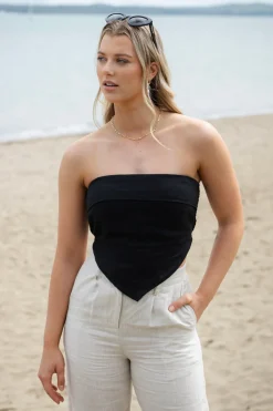 RE:UNION Label Pocket Black Linen Strapless Top