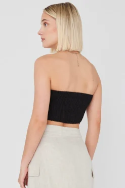 RE:UNION Label Pocket Black Linen Strapless Top