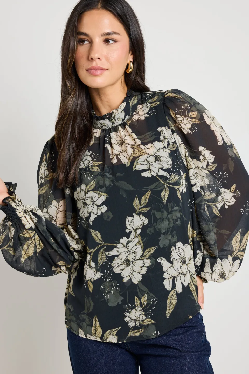 By Rosa. Poet Black Floral Long Sleeve High Neck Top