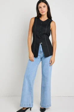 RE:UNION Label Polarity Black Ramie Crew Neck Fitted Vest
