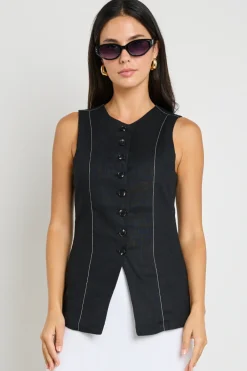 RE:UNION Label Polarity Black Ramie Crew Neck Fitted Vest