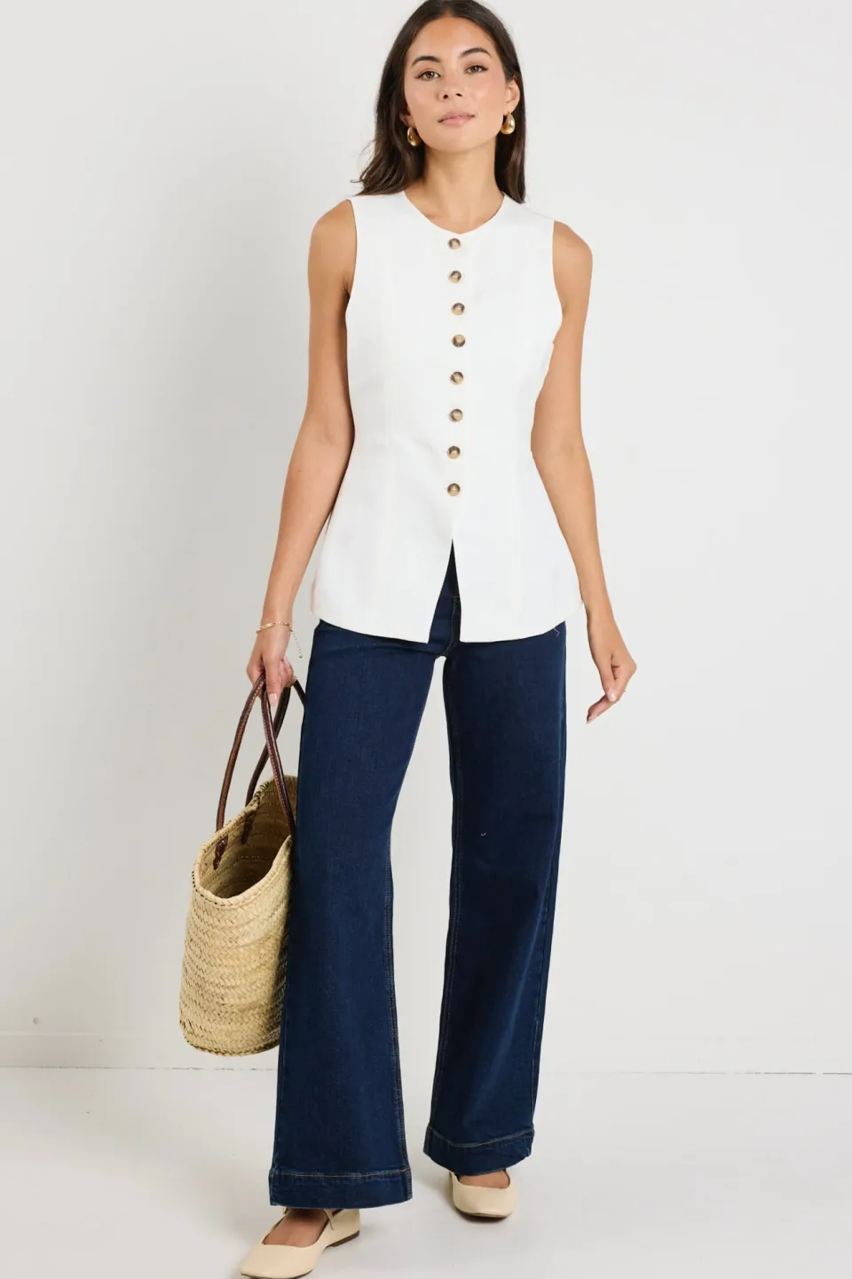 RE:UNION Label Polarity Ivory Linen Viscose Crew Neck Fitted Vest