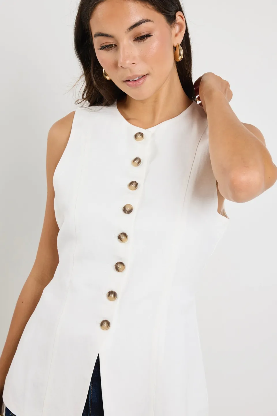 RE:UNION Label Polarity Ivory Linen Viscose Crew Neck Fitted Vest