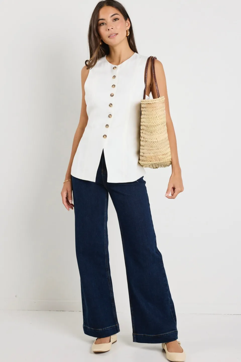 RE:UNION Label Polarity Ivory Linen Viscose Crew Neck Fitted Vest