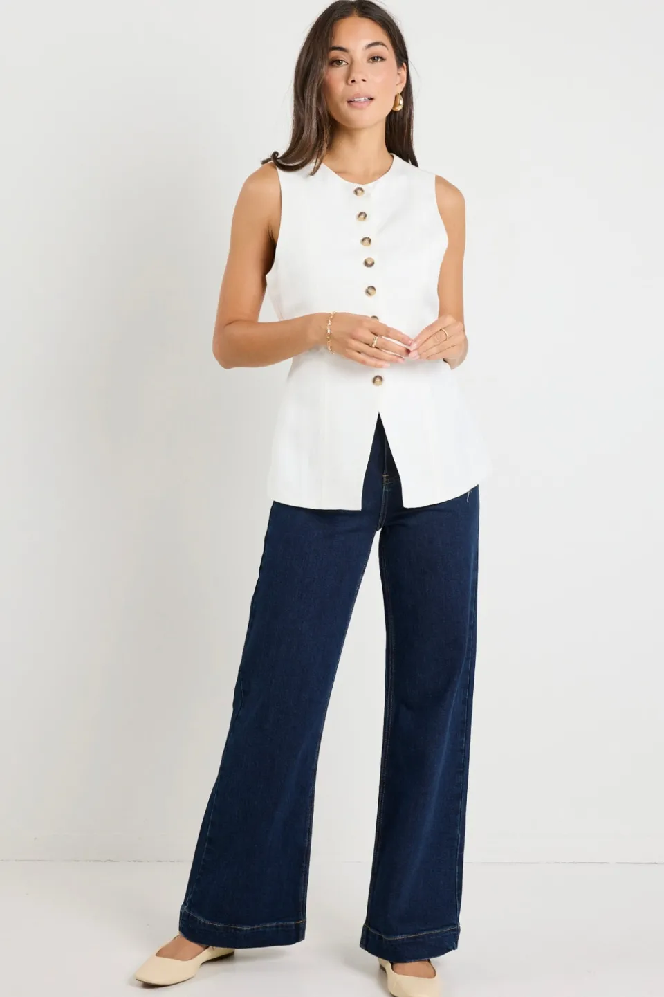 RE:UNION Label Polarity Ivory Linen Viscose Crew Neck Fitted Vest