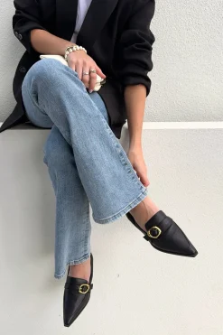 Nude Poppy Black Leather Gold Buckle Loafer