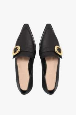 Nude Poppy Black Leather Gold Buckle Loafer