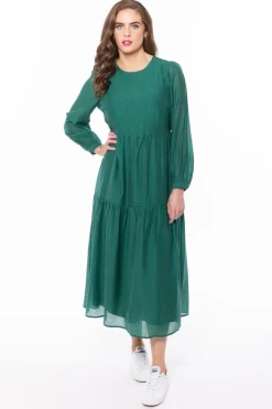 Leila + Luca Prediction Palm Green LS Tiered Midi Dress