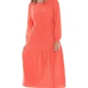 Leila + Luca Prediction Tangerine Texture Tiered Midi LS Dress