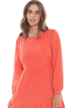 Leila + Luca Prediction Tangerine Texture Tiered Midi LS Dress