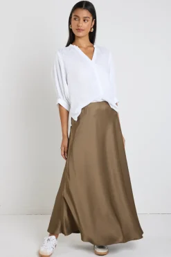 By Rosa. Preserve Bronze Floaty Satin Bias Maxi Skirt