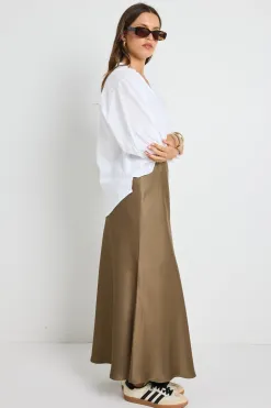 By Rosa. Preserve Bronze Floaty Satin Bias Maxi Skirt