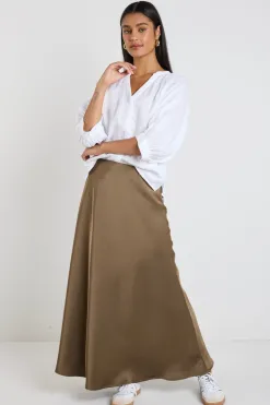 By Rosa. Preserve Bronze Floaty Satin Bias Maxi Skirt