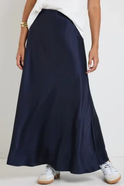By Rosa. Preserve Navy Floaty Satin Bias Maxi Skirt