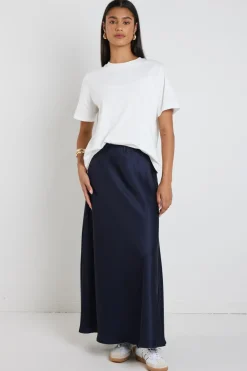 By Rosa. Preserve Navy Floaty Satin Bias Maxi Skirt