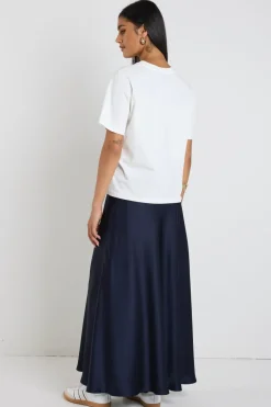 By Rosa. Preserve Navy Floaty Satin Bias Maxi Skirt