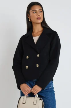 Ivy + Jack Prestige Black Marle Wool Blend Short Double Breasted Coat
