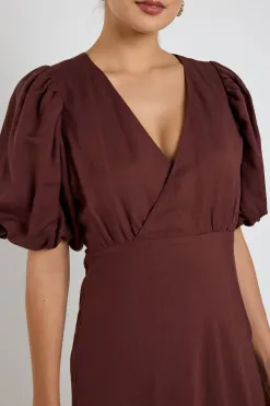 Stories be Told Preview Chocolate Puff Sleeve V Neck Bias Midi Dress