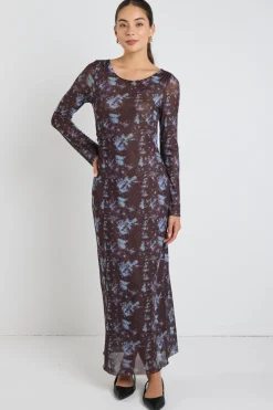 Stories be Told Promenade Chocolate Tie Dye Mesh Long Sleeve Midi Dress