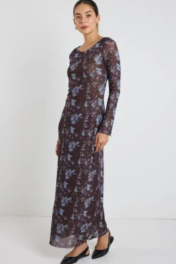 Stories be Told Promenade Chocolate Tie Dye Mesh Long Sleeve Midi Dress