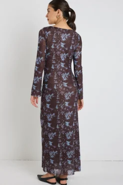 Stories be Told Promenade Chocolate Tie Dye Mesh Long Sleeve Midi Dress