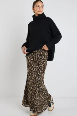 Among the Brave Rally Leopard Tie Waist Bias Maxi Skirt