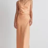 Among the Brave Rapture Papaya Satin Strappy Mock Wrap Midi Dress