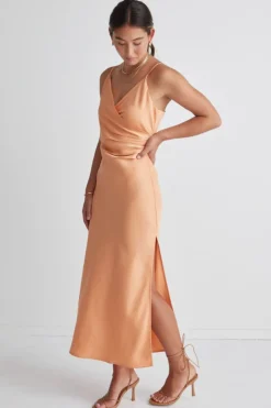 Among the Brave Rapture Papaya Satin Strappy Mock Wrap Midi Dress