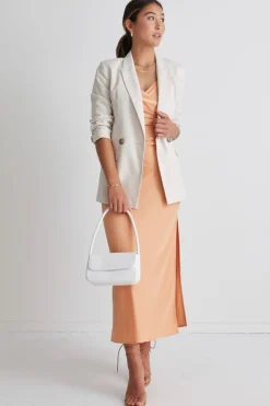 Among the Brave Rapture Papaya Satin Strappy Mock Wrap Midi Dress