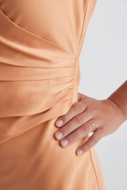 Among the Brave Rapture Papaya Satin Strappy Mock Wrap Midi Dress