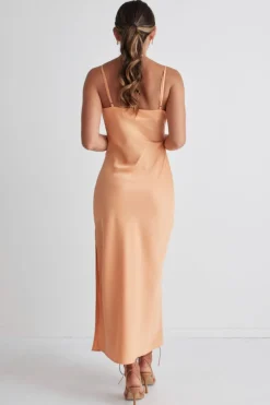 Among the Brave Rapture Papaya Satin Strappy Mock Wrap Midi Dress
