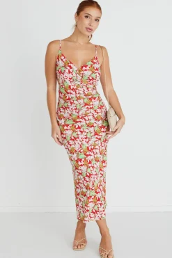 Among the Brave Rapture Red Tropical Strappy Mock Wrap Midi Dress