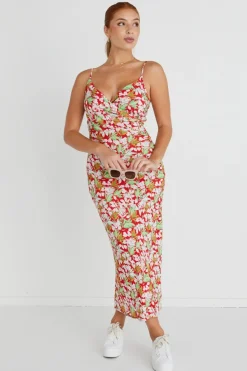 Among the Brave Rapture Red Tropical Strappy Mock Wrap Midi Dress