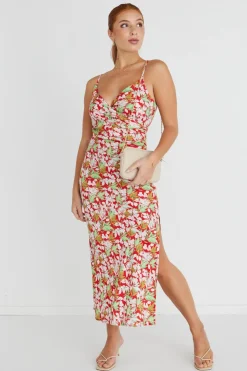 Among the Brave Rapture Red Tropical Strappy Mock Wrap Midi Dress