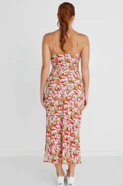 Among the Brave Rapture Red Tropical Strappy Mock Wrap Midi Dress