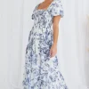 Ivy + Jack Raven Blue Porcelain Print Puff Sleeve Tiered Maxi Dress