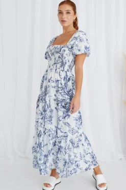 Ivy + Jack Raven Blue Porcelain Print Puff Sleeve Tiered Maxi Dress