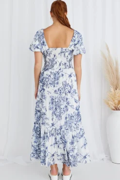 Ivy + Jack Raven Blue Porcelain Print Puff Sleeve Tiered Maxi Dress