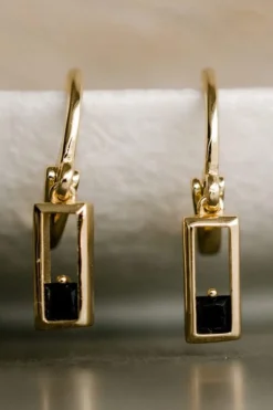 Silver Linings Realm Gold Square Sleeper EOL Earring with Black Garnet