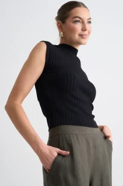 Among the Brave Regal Black Sleeveless Funnel Neck Rib Knit Top