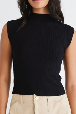 Among the Brave Regal Black Sleeveless Funnel Neck Rib Knit Top
